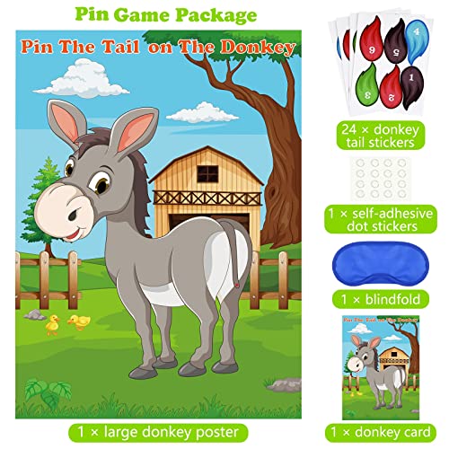PLULON Pin the Tail on the Donkey Party Game Donkey Games Póster con 24 pegatinas cola para niños, juegos fiesta cumpleaños, animales granja, burros, recuerdos fiesta, decoraciones pared para el hogar