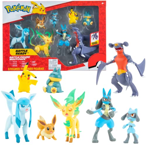 Pokemon Figuras 8-Pack – Garchomp, Pikachu, Eevee, Lucario, Riolu, Munchlax, Glaceon & Leafeon - Nuevos 2023 – 5-11 cm - Juguetes Oficiales