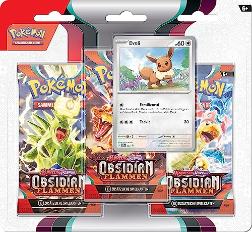 Pokémon - Juego de Cartas coleccionables: Paquete de 3 (Evoli) carmesí y púrpura - Llamas de obsidiana (3 Paquetes de Refuerzo y 1 Carta Promocional holográfica)