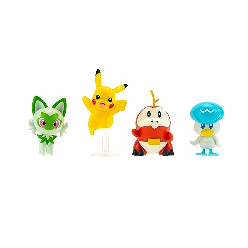 Pokemon PKW3402 - Figuras de Batalla (4 Unidades, 5 cm), diseño de Pikachu, cocodrilo, kwaks, Felori, Figuras Oficiales detalladas