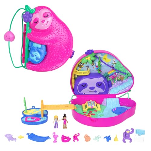 Polly Pocket Bolso y estuche 2 en 1 Familia de Perezosos con 2 muñecas, animales y accesorios de aventura, juguete +4 años (Mattel HRD40)