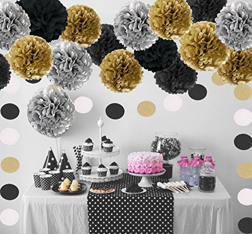 Pompon de papel de seda, bolas de papel en forma de flor para fiestas de cumpleanos, bodas, baby shower, shower de novia o decoracion de festivales, 18 unidades , Negro, oro y plata