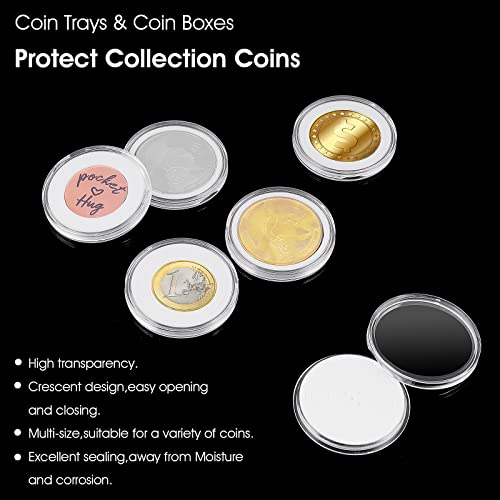Prasacco 12 cápsulas de monedas de 46 mm, 6 tamaños (20/25/30/35/40/46 mm), soportes de monedas de plástico transparente con junta ajustable para suministros de colección de monedas