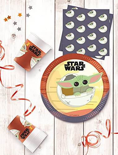 Procos Disney Star Wars Mandalorian 10210600 10210600 - Juego de 52 platos, 16 vasos, 20 servilletas, vajilla desechable, vajilla para fiestas, decoración de mesa, Marvel multicolor