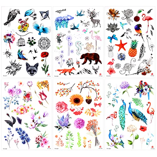 Qpout 15 Hojas Variedad de Tatuajes Temporales coloridos para niños adultos, tótem tribal de flores de animales, pegatinas impermeables para tatuajes, niños niñas fiesta de cumpleaños relleno de bolsa