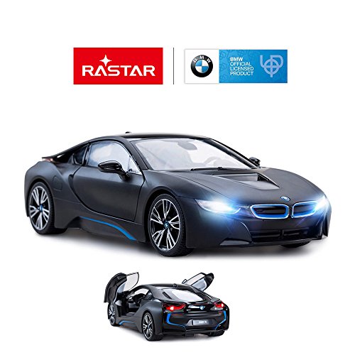 RASTAR Coche modelo BMW i8, 1:14 BMW i8 coche de control remoto, puertas abiertas por RC/luces de trabajo, color negro mate