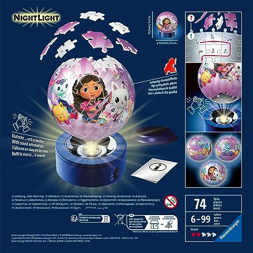 Ravensburger - 3D Puzzle Nightlamp Gabby's Dollhouse, Puzzle Ball con Luces, 72 Piezas, 6+ Años