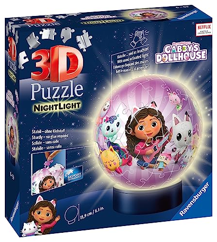 Ravensburger - 3D Puzzle Nightlamp Gabby's Dollhouse, Puzzle Ball con Luces, 72 Piezas, 6+ Años