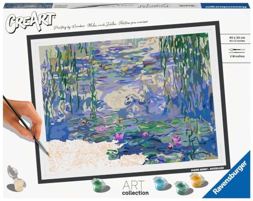 Ravensburger-CreArt ART COLLECTION - Monet, Los nenúfares,Kit para Pintar por Números, Contiene una Tabla Preimpresa 40x30cm, Pincel,Colores y Accesorios, Juego Creativo Relajante para Adultos 14+Años