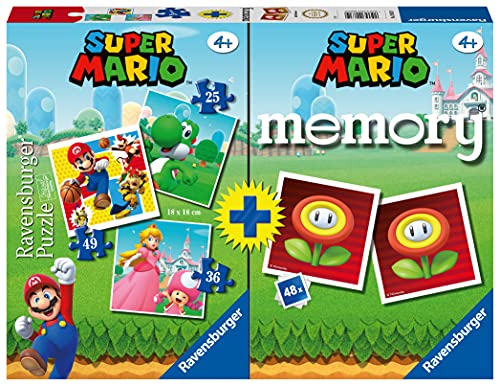 Ravensburger - Multipack Super Mario, Memory® 48 Cartas + 3 Puzzle Niños de 25/36/49 Piezas, 4+ Años