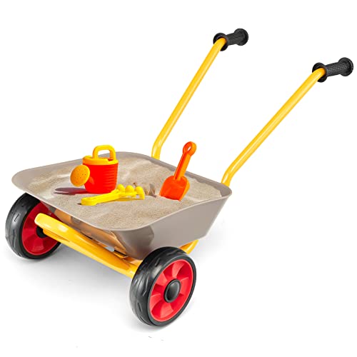 RELAX4LIFE Carretilla de 2 ruedas para niños, carro de jardín al aire libre con gran capacidad de carga, asas antideslizantes, pequeña carretilla de juguete, regalo para niños