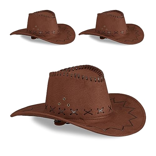 Relaxdays Set de 3 Sombreros Vaqueros, Disfraz Cowboy, Poliéster, para Adultos, Hombres y Mujeres, Marrón Oscuro, 16 x 35,5 x 39 cm