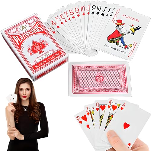 Retoo Cartas estándar de color rojo, 54 hojas de plástico, cartas de póquer, cartas de juego para póquer Texas Holdem Poker, Blackjack, juego de cartas de plástico profesional, resistente al agua