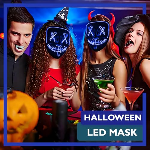 Retoo Máscara de Halloween LED con 3 modos de iluminación, máscara de neón brillante en la oscuridad, para hombre y mujer, máscara espeluznante para juegos de disfraces, fiestas, cosplay, azul