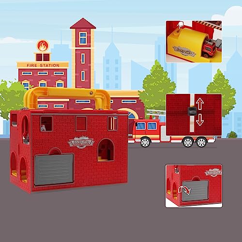 Rhybor City Camión de autopista - Pistas de Juguete y Parking - Juego de 3 Mini Coches de Bomberos con Lanzador - Garajes para Niños 2-8 Años