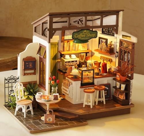 Rowood Casa de Muñecas en Miniatura Cafetería con Luz | DIY Miniature House Maquetas para Montar Manualidades de Madera | Regalos de para Adultos, Mujeres, Niñas