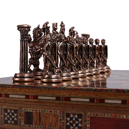 Royal - Juego de ajedrez de Metal de Cobre Antiguo Medieval británico para Adultos, Piezas Hechas a Mano y Tablero de ajedrez de Madera Maciza Natural con Almacenamiento en el Interior