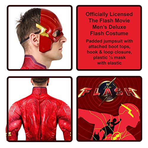 Rubies Disfraz The Flash Deluxe para adulto, Jumpsuit con pecho musculoso, cubrebotas y máscara, Oficial DC Comics, The Flash, para Carnaval, Halloween, Fiestas