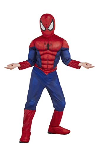 RUBIES SPIDER-MAN - Marvel oficial - Disfraz infantil de lujo Spider-Man. Tamaño 7-8 años. Traje con combinación de músculos acolchados + capucha de velcro + cubrebotas integradas