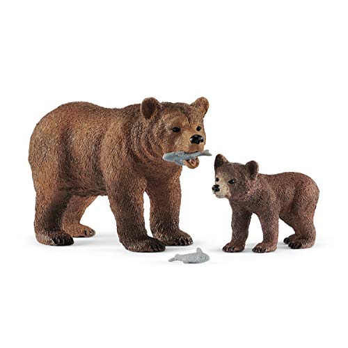 Schleich- Set de Figuras Grizzly con su cría, Colección Wild Life, 1 Osa + 1 Osezno + 2 Peces (42473)