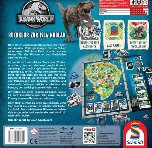 Schmidt Spiele- Dinosaurier, 49389 Jurassic World, Regreso a Isla Nubar, Deckbuilding y Juego de Mesa, Multicolor