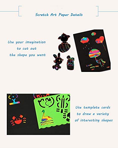 Scratch Art,JBSON 30 Hojas Dibujo Scratch Láminas para Rascar Creativas Papel para Dibujar con Niños, Manualidades, Escribir Listas, Incluye 4 Plantillas de Plantillas de Dibujo y 10 lápices de Madera