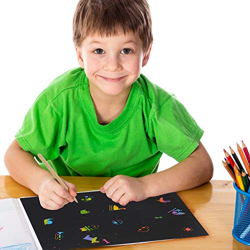 Scratch Art,JBSON 30 Hojas Dibujo Scratch Láminas para Rascar Creativas Papel para Dibujar con Niños, Manualidades, Escribir Listas, Incluye 4 Plantillas de Plantillas de Dibujo y 10 lápices de Madera