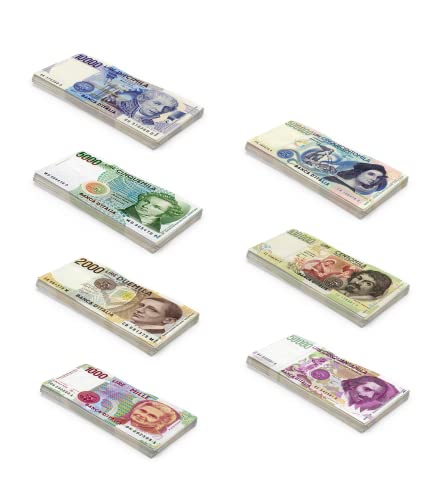 Scratch Cash Bundle ₤ Lire Soldi para Jugar - 7 mazos de 25 x ₤ 1.000, 2.000, 5.000, 10.000, 50.000, 100.000 y 500.000 (Tamaño Real)
