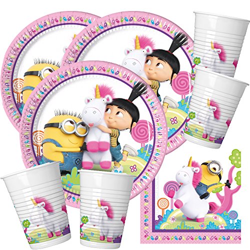 Set de fiesta de 52 piezas, diseño de Minions – Unicornio Fluffy – platos, vasos y servilletas para 16 niños