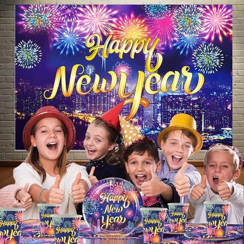 Shamoparty 2024 Happy New Year Party Vajilla Set 73 Piezas Púrpura y Fuegos Artificiales Vajilla Fiesta de Año Nuevo, Platos de 9 pulgadas, Servilletas, Tazas, Mantel, Juego de Decoración de Mesa de