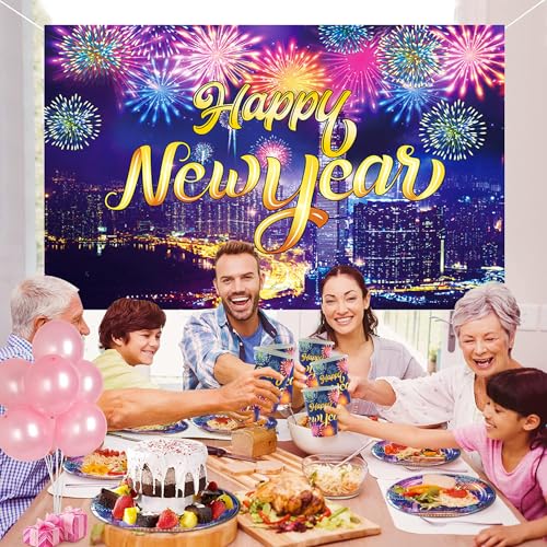 Shamoparty 2024 Happy New Year Party Vajilla Set 73 Piezas Púrpura y Fuegos Artificiales Vajilla Fiesta de Año Nuevo, Platos de 9 pulgadas, Servilletas, Tazas, Mantel, Juego de Decoración de Mesa de