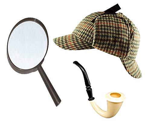 Sherlock Holmes - Juego de accesorios para disfraz, sombrero de Deerstalker + lupa + kit de detective de tubo de aspecto victoriano