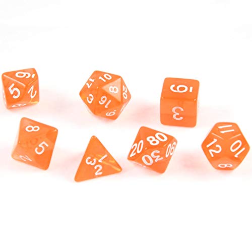 shibby 7 Cubos poliédricos para Juegos de rol y de Mesa en Transparente/Naranja con Bolsa, 7 cm x 9 cm