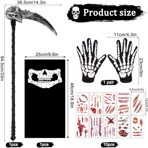 Shinybox Grim Reaper Halloween Sickle, Máscara Esqueleto + 1 Pares Guantes Esqueleto + Pegatinas de Cicatrices de Halloween, Disfraz de Fantasma para Halloween Fiesta Carnival Costume Cosplay