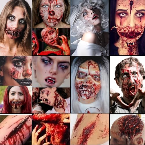 Shrubz Kit Maquillaje de Halloween, Kit de Sangre Falsa, 60ml Sangre Fresca Artificial, 50ml Sangre Falsa Roja Oscura, Latex Maquillaje Heridas Maquillaje Zombie Halloween Heridas, Maquillaje Vampiro