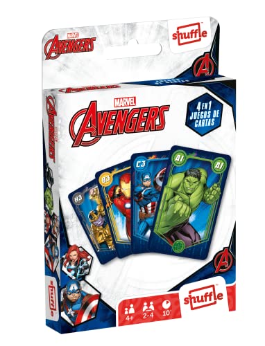 Shuffle Avengers. Baraja de Cartas Infantil. 4 Juegos en 1. Naipes ilustrados con los Personajes de Los Vengadores. Versión en Español.􀁂􀀂􀁃