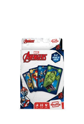 Shuffle Avengers. Baraja de Cartas Infantil. 4 Juegos en 1. Naipes ilustrados con los Personajes de Los Vengadores. Versión en Español.􀁂􀀂􀁃
