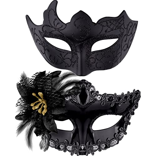 SIQUK 2 Piezas Máscara Mascarada Parejas Máscara Veneciana Mujer Hombre Media Cara Máscara para Mascarada Halloween Carnaval, Negro