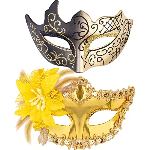 SIQUK 2 Piezas Máscara Mascarada Parejas Máscara Veneciana Mujer Hombre Media Cara Máscara para Mascarada Halloween Carnaval, Oro