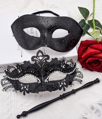 SIQUK 2 Piezas Máscara Veneciana Máscara Mascarada Parejas Mujer Hombre Máscaras de Disfraces Máscara de Mascarada con Palo Media Cara Máscara para Carnaval Halloween, Negro