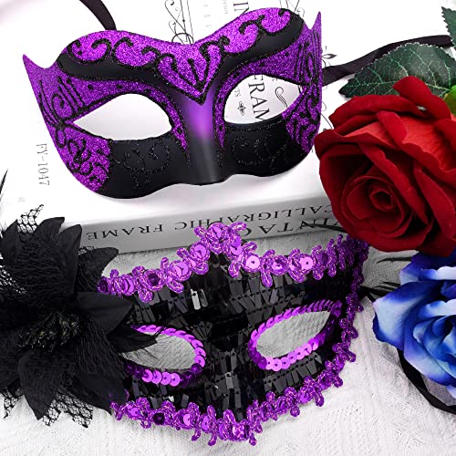 SIQUK 2 Piezas Máscara Veneciana Parejas Máscara Mascarada Media Cara Máscara para Mujer Hombre Halloween Carnaval, Negro & Violeta