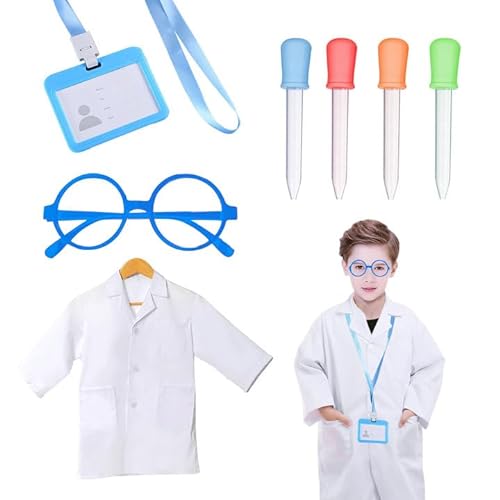 SKHAOVS 7 Pcs Bata de Laboratorio Niños con Anteojos Nombre de Tarjeta Cuentagotas, Disfraz de Científico Doctor para Niños y Niñas, Juego de Rol de Médico de Laboratorio Científico (White)