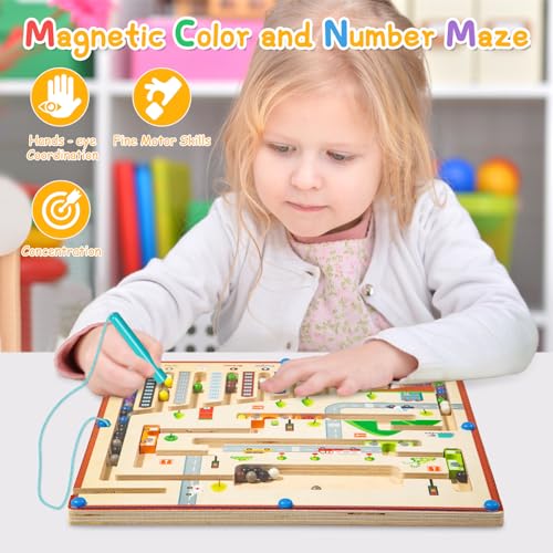 Smartwo Laberinto Magnetico Juegos Educativos 2 3 4 5 6 Años Juguetes Montessori de Madera Juegos Motricidad Fina Juegos Magneticos para Niños de Colores y Números Regalos para 2-5 Años (Avanzado)