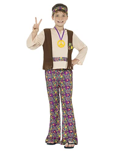 Smiffy's-21831M DisFRAaz de hippy para chico, con camiseta, chaleco cosido, pantalon, multicolor, M-Edad 7-9 años (21831M)