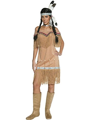 Smiffy'S 36127M Disfraz De Dama Inspirado Por Las Americanas Nativas, Beige Con Vestido Y Fleco, Beige, M - Eu Tamaño 40-42