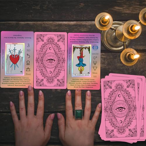 Smoostart Rosa Tarot holográfico para Principiantes con significados, con guía, Palabras Clave, Elemento, Planeta, zodíaco, Chakra, sí o no, Tono Musical, numerología, Alfabeto Hebreo