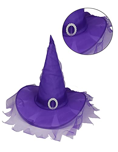 Sombrero de bruja de Halloween de lujo con velo. Sombrero clásico de bruja y mago. (Púrpura)
