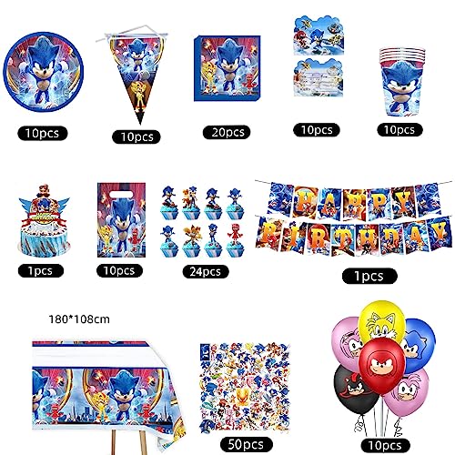 Sonic Party Supplies Juego de Decoración, WanWen 99 Piezas Decoracion Cumpleaños Sonic, Sonic Fiestas Decoración, Platos, Tazas, Servilletas, Manteles, Banderines, para Niñas y Niños