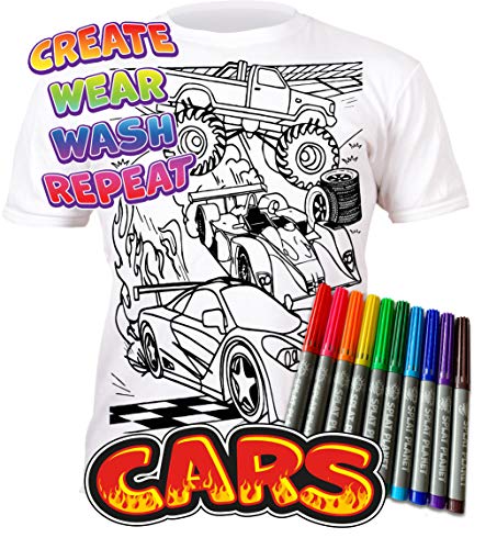 Splat Planet Camiseta Coches para niños. con impresión para Pintar y Colorear. Incluye 10 Colores mágicos Lavables. Cumpleaños Infantil. (12-13 años)