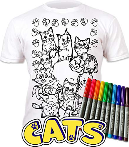 Splat Planet Camiseta de gatos para colorear con 10 bolígrafos mágicos lavables no tóxicos, colorea tu propia camiseta para colorear y lavar